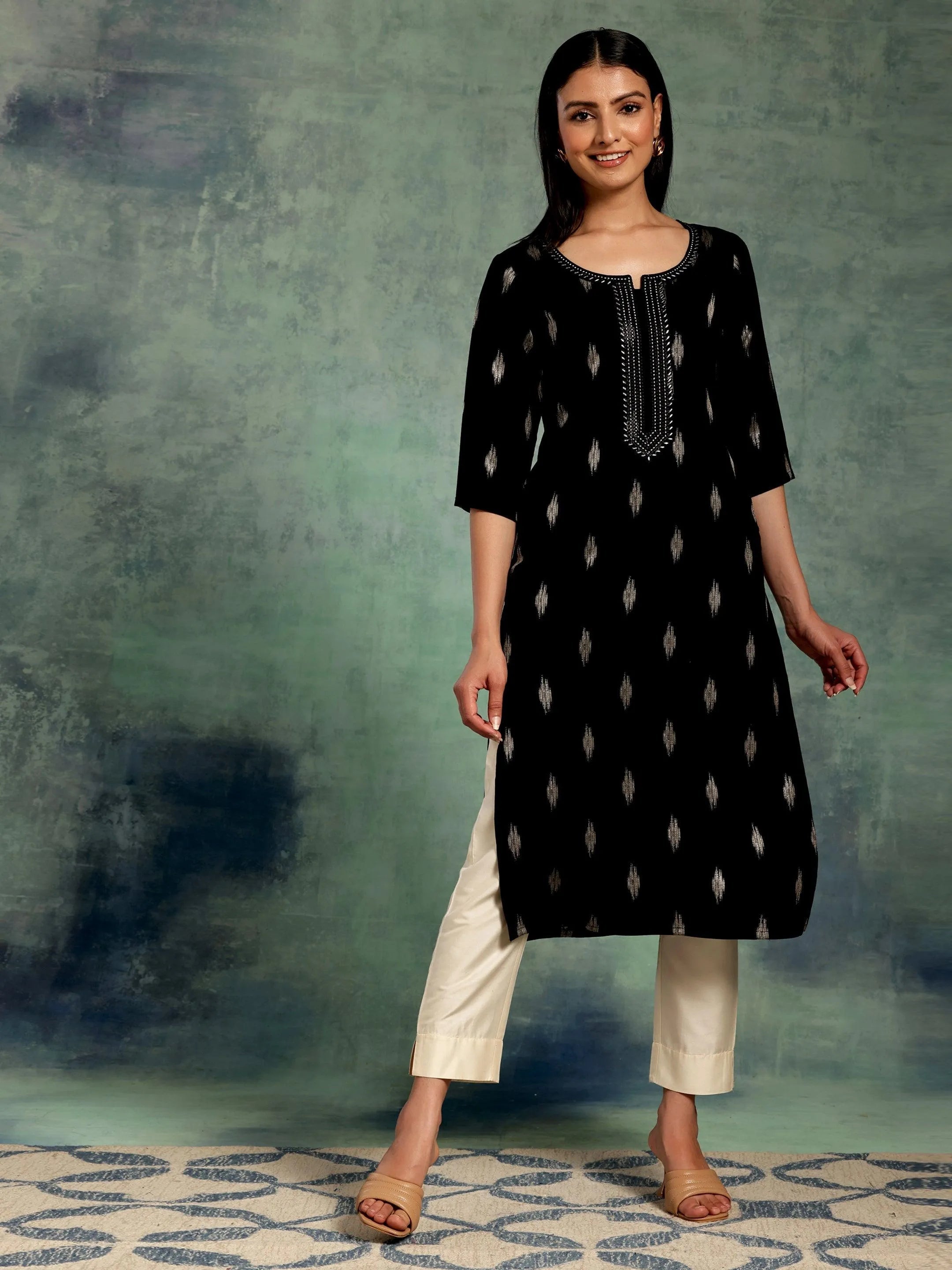 Black Woven Design Rayon Straight Kurta