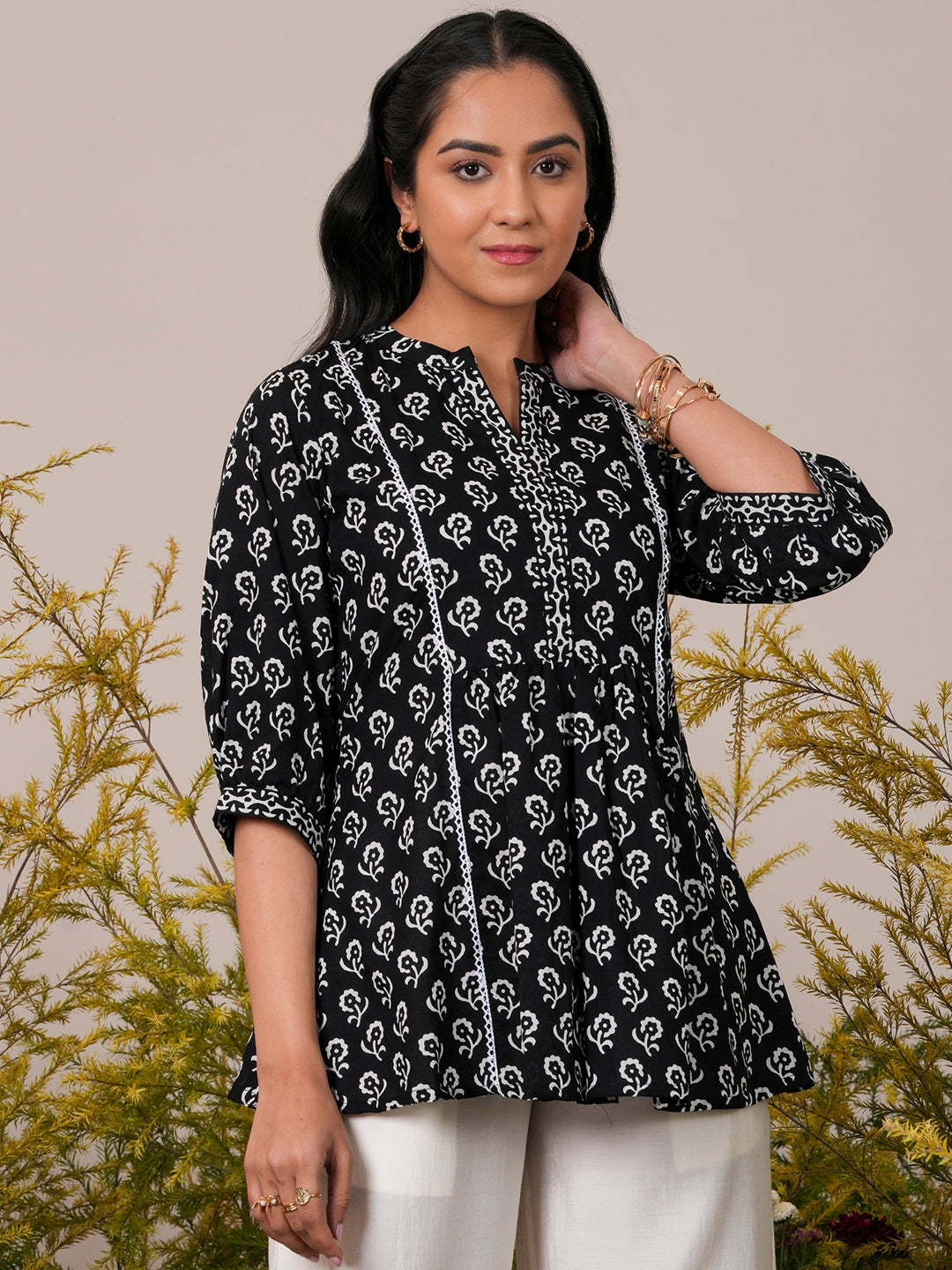 Black Printed Cotton Straight Short Kurti