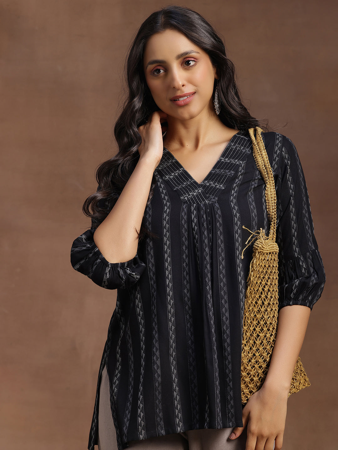 Black Woven Design Silk Blend Straight Kurti
