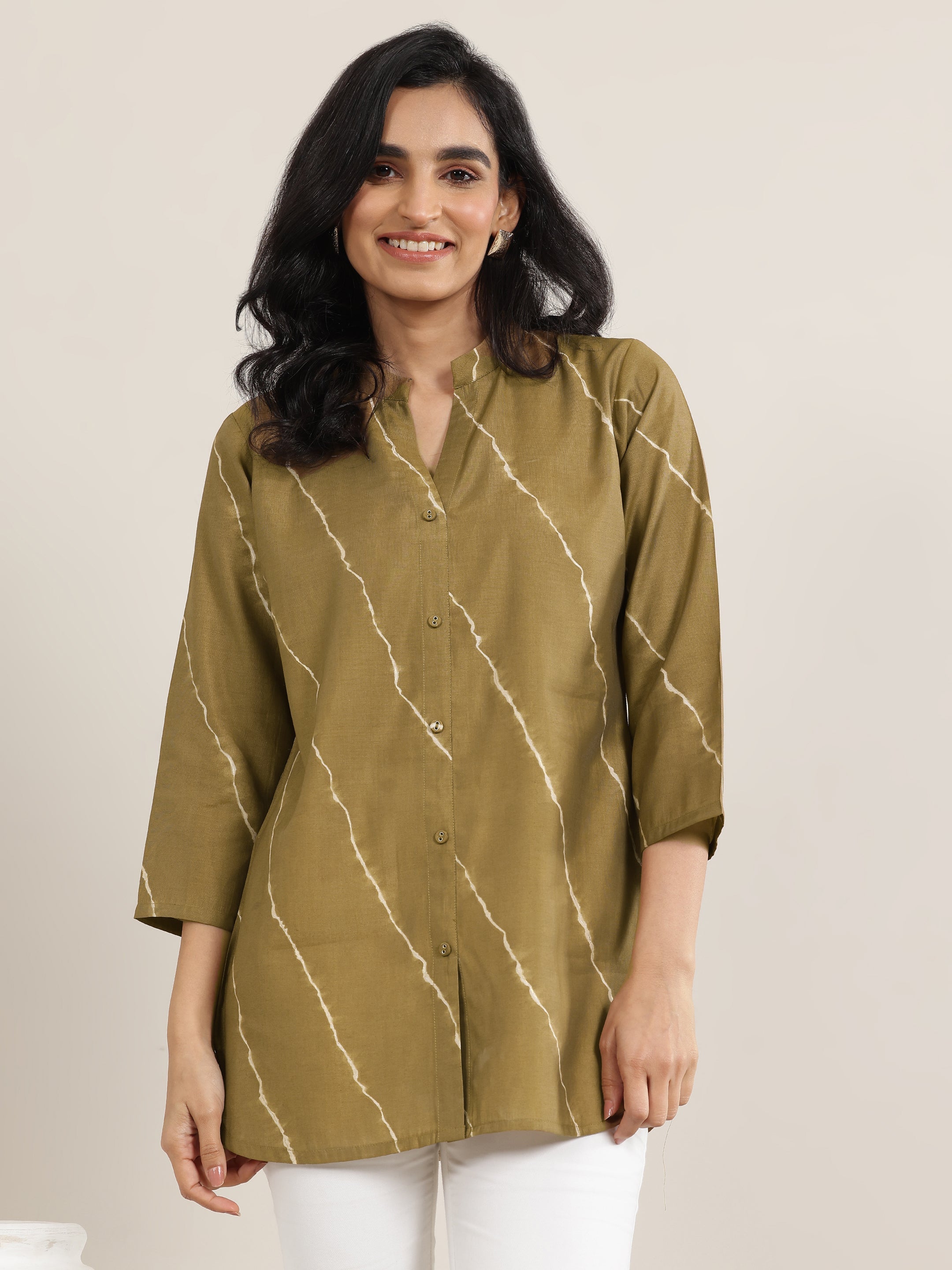 Olive Printed Silk Blend Straight Short Kurti