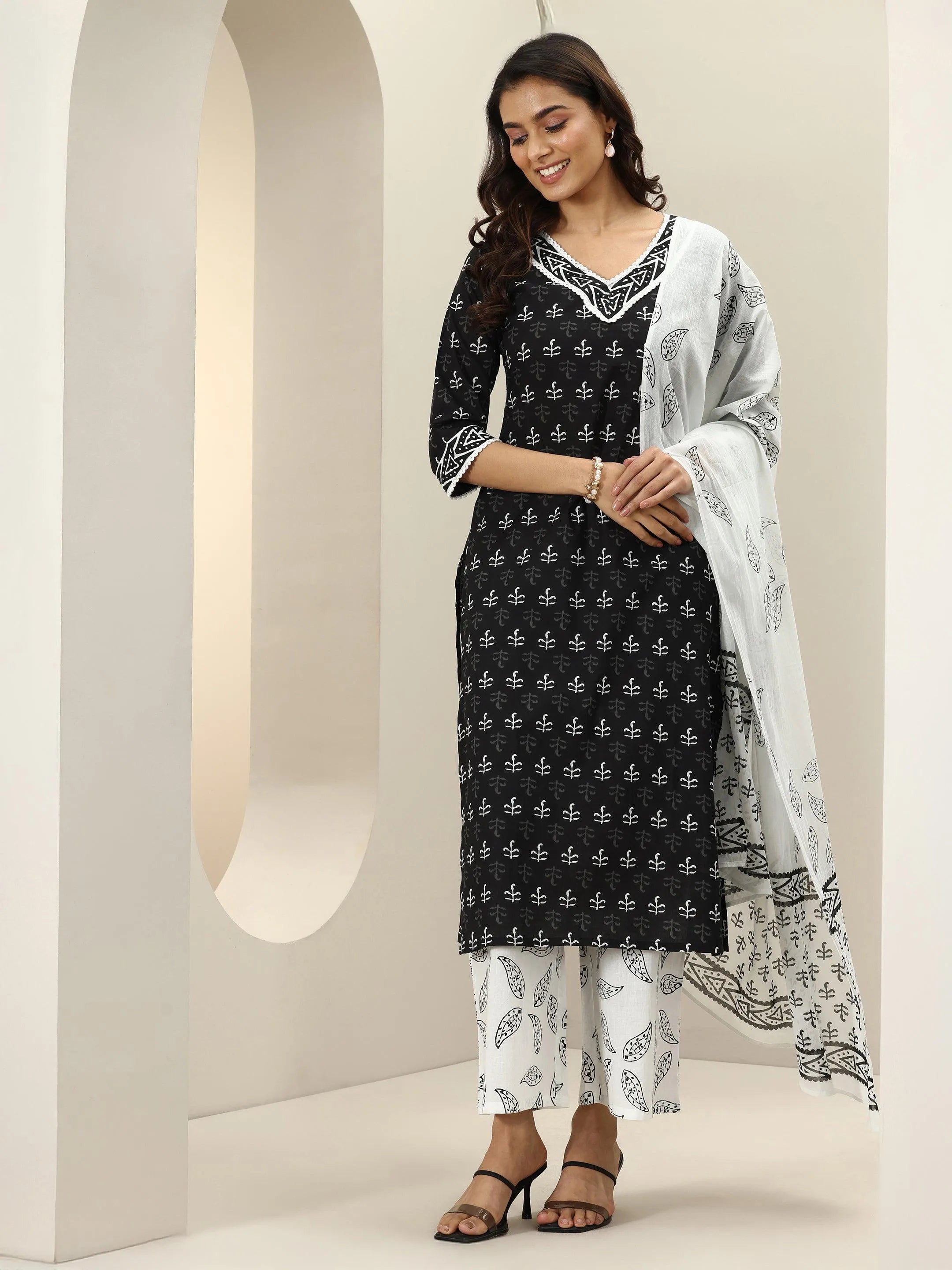 Black Printed Cotton Straight Suit Sets With Dupatta