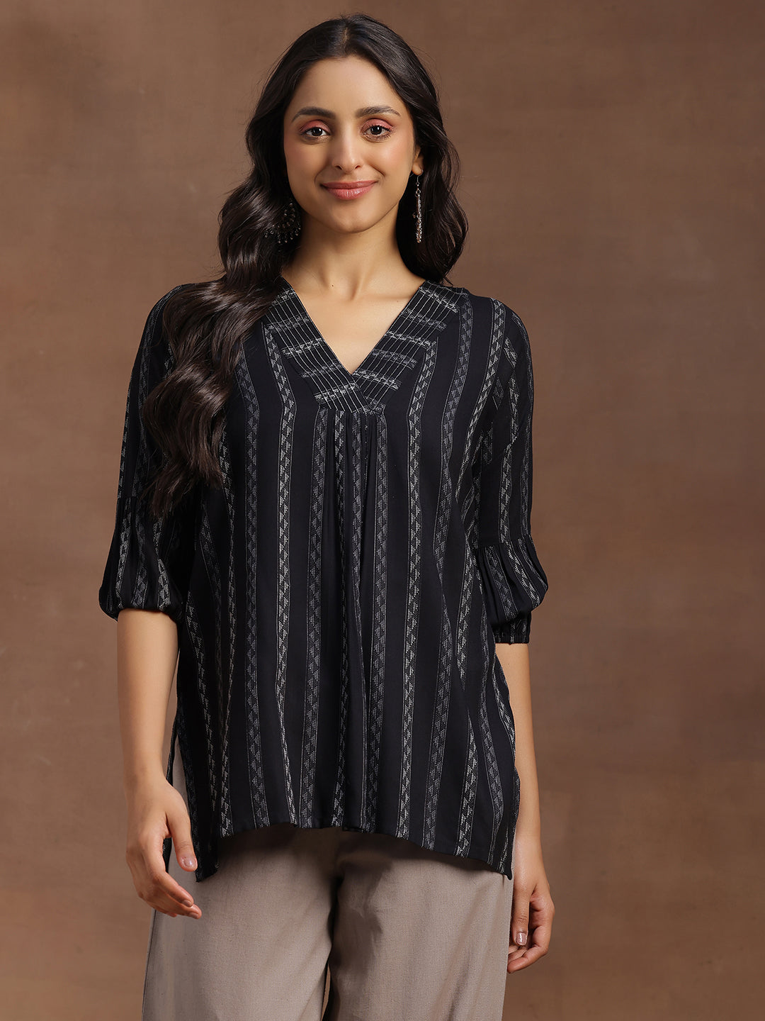 Black Woven Design Silk Blend Straight Kurti