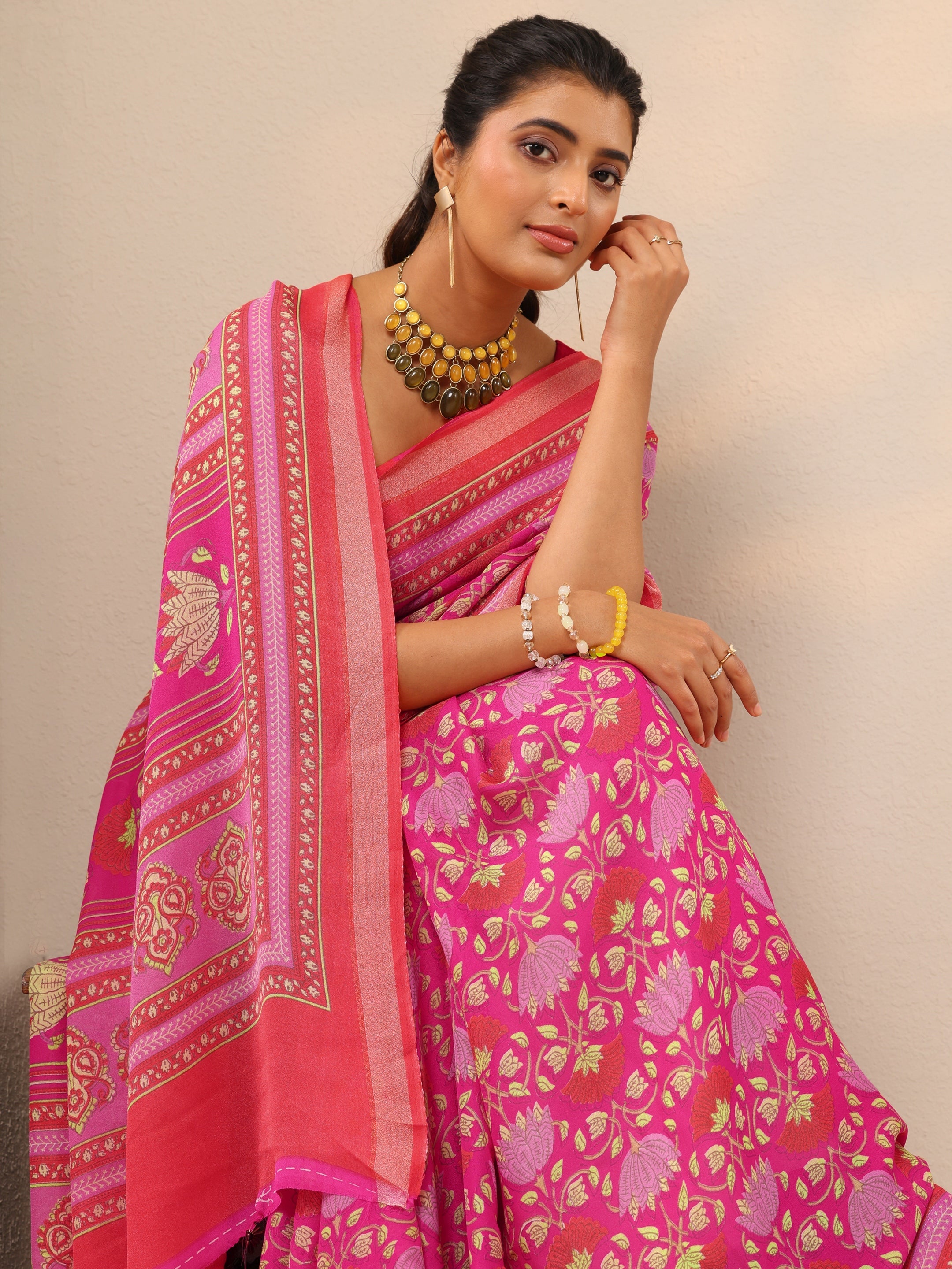 Pink Printed Georgette Sarees With Unstitched Blouse Piece