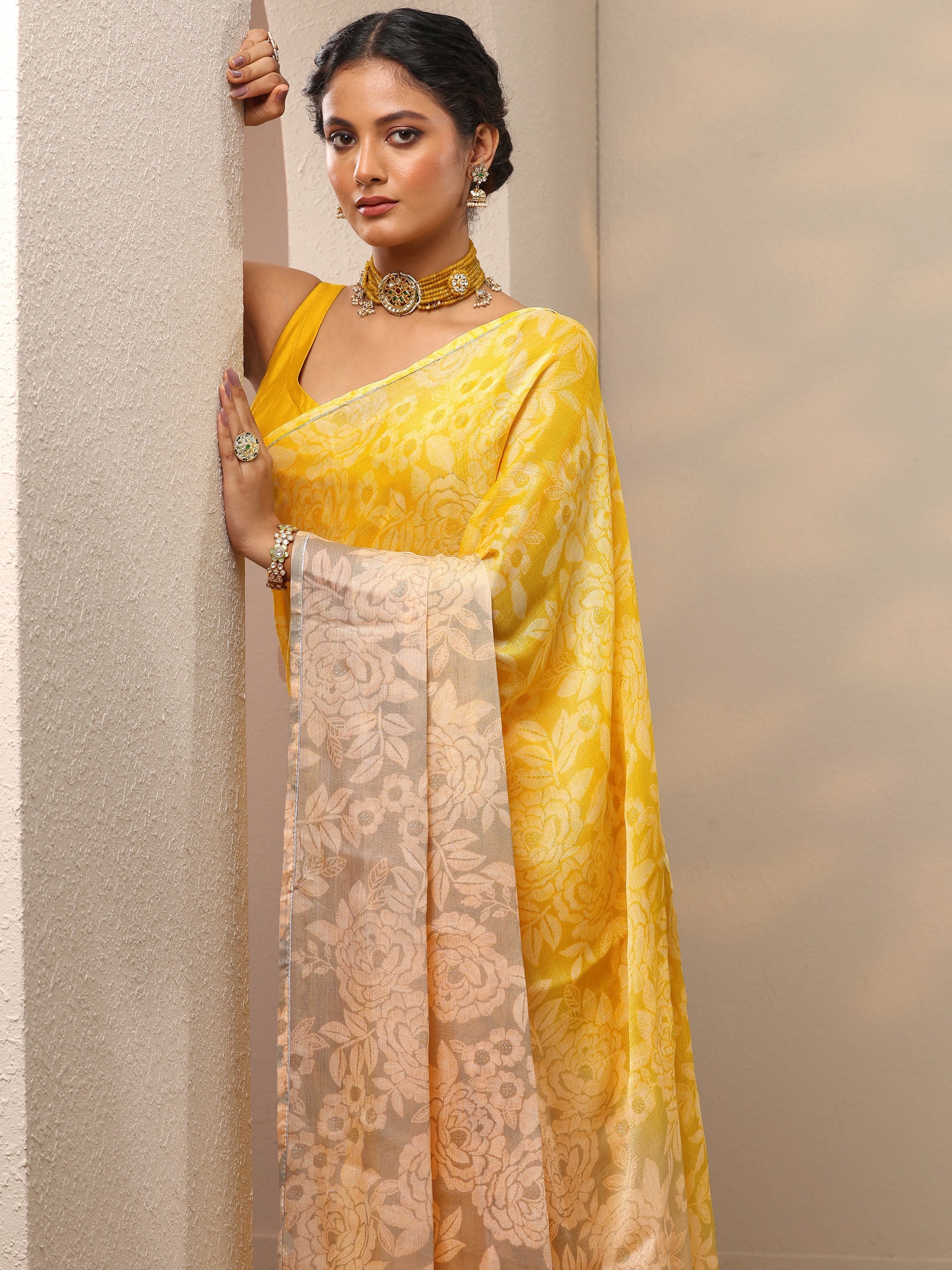 Yellow Printed Chinon Saree With Unstitched Blouse Piece