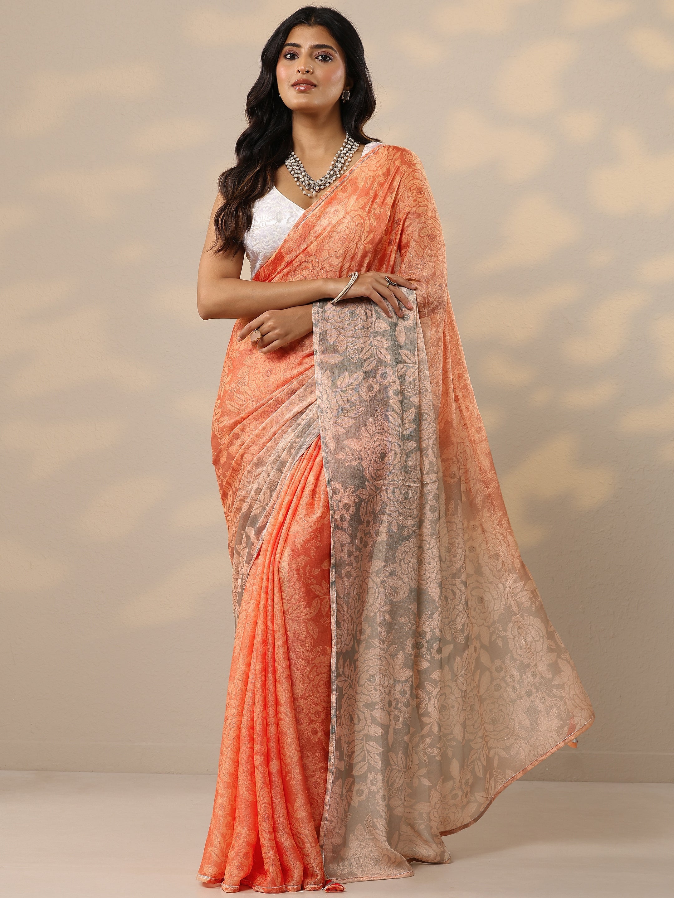 Orange Printed Silk Blend Sarees With Unstitched Blouse Piece