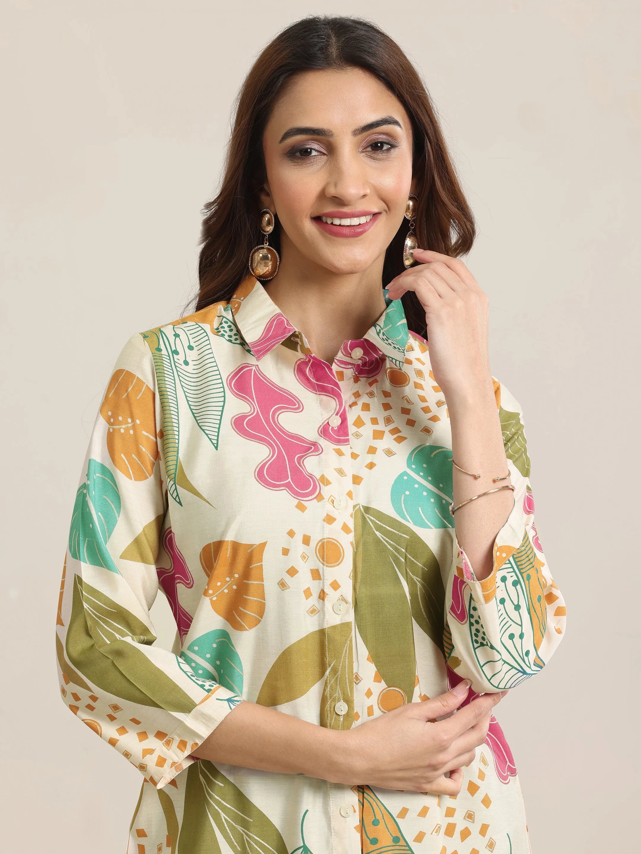 Beige Printed Silk Blend Straight Short Kurti