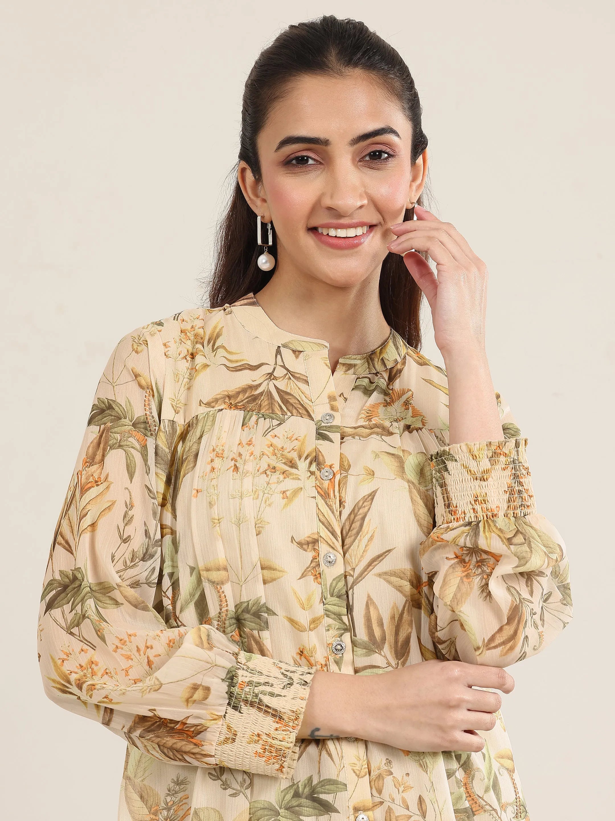 Beige Printed Chiffon Straight Short Kurti