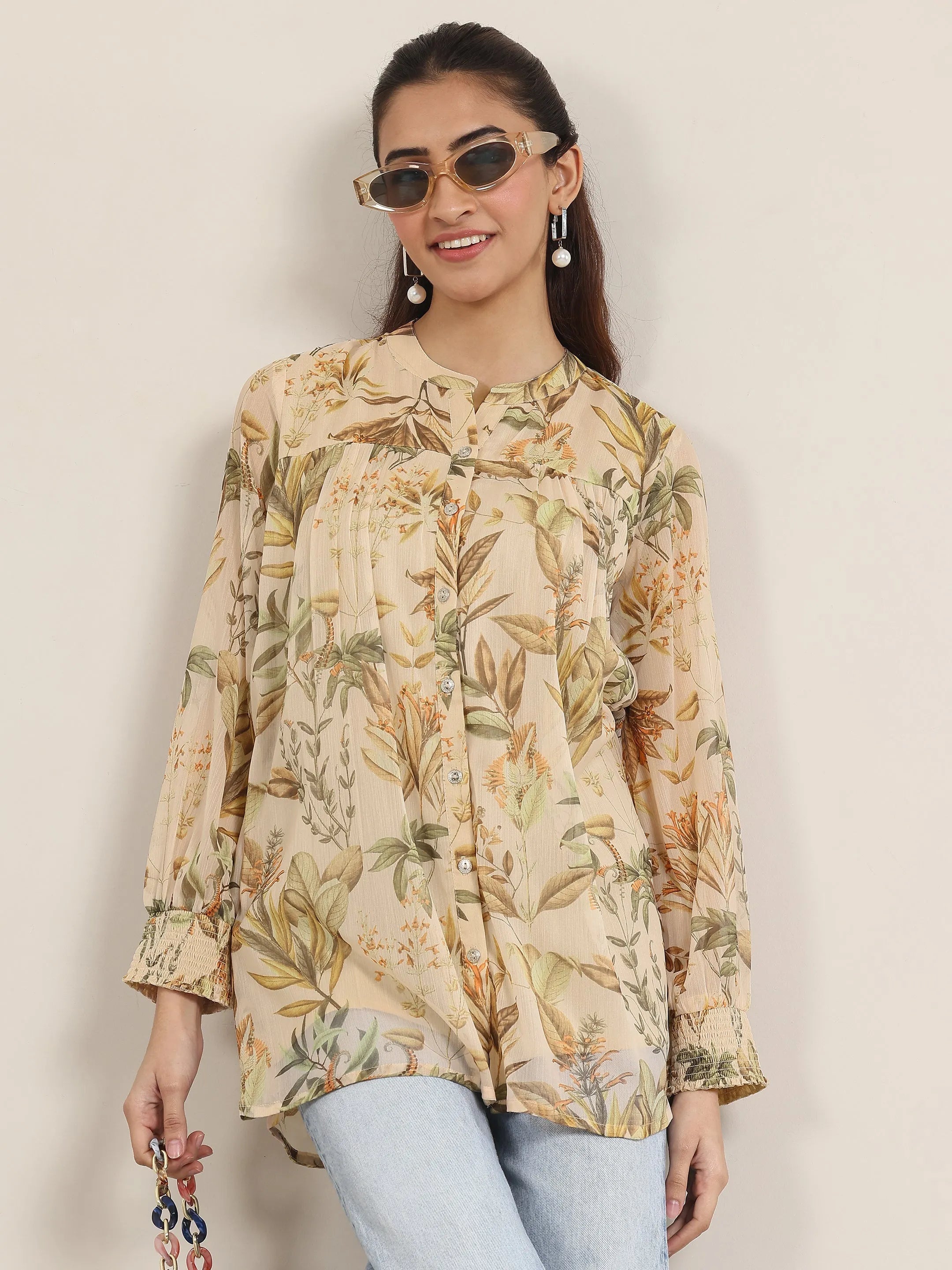 Beige Printed Chiffon Straight Short Kurti