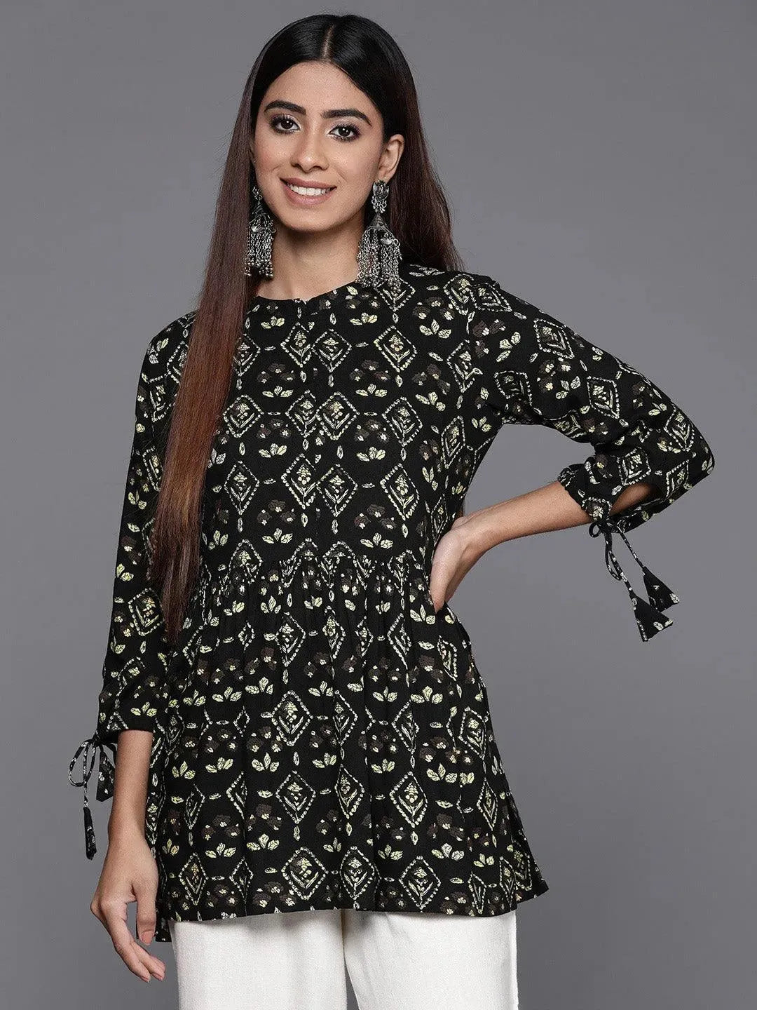 Black Printed Rayon A-Line Short Kurti